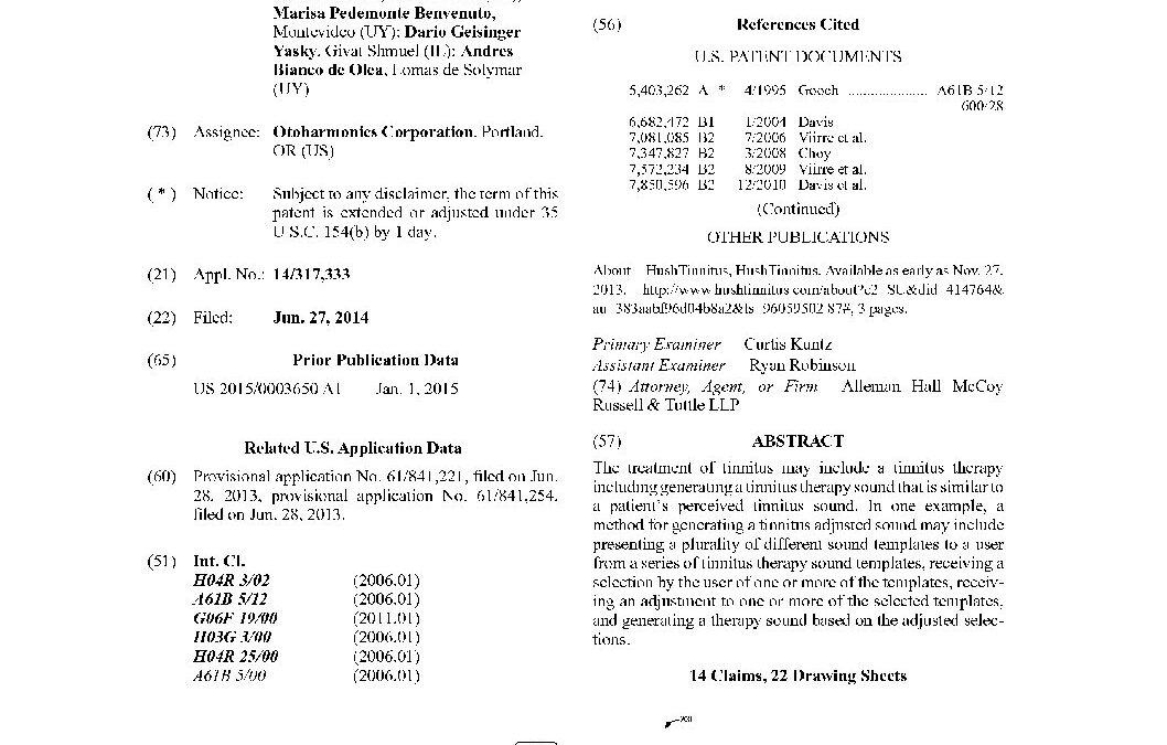 U.S. Patent 9,282,917 B2: systems and methods for tinnitus therapy